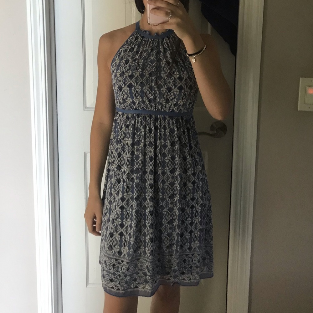 Long, tight at the bust, blue patterned dress